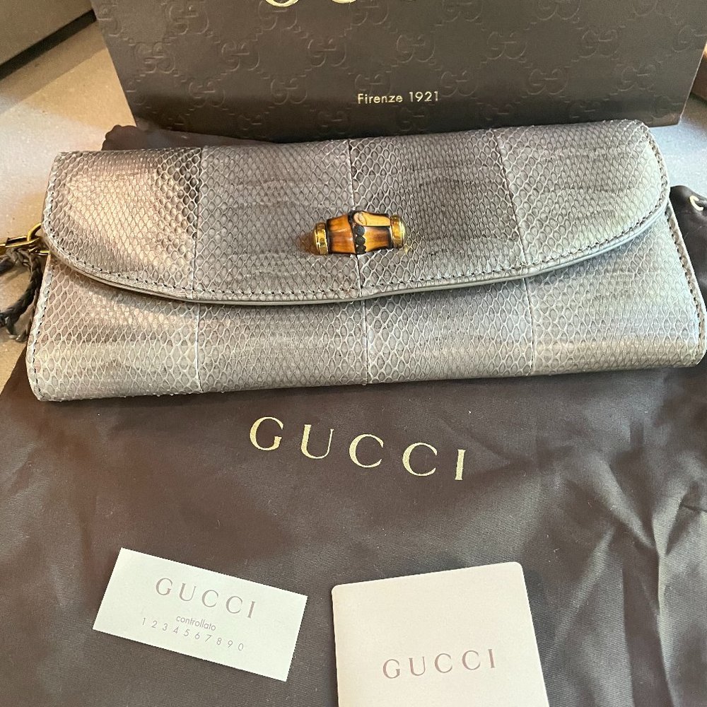 GUCCI Watersnake Bamboo Clutch Grey